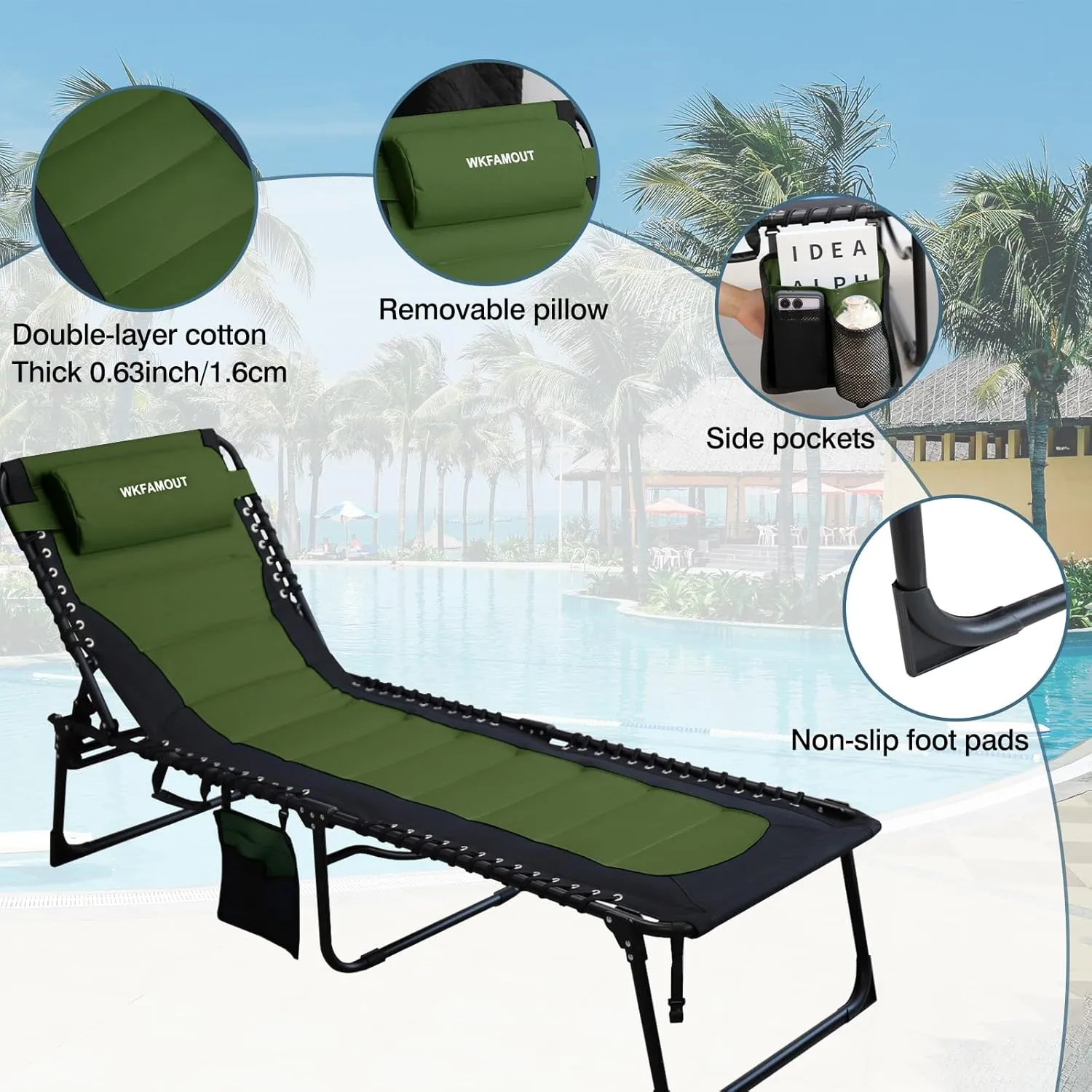 Oversized Padded Outdoor Folding Lounge Chair for Adults 440Ibs Patio Chaise Lounge for Outside Adjustable 5-Position Reclining Beach Chair with Pillow Pocket