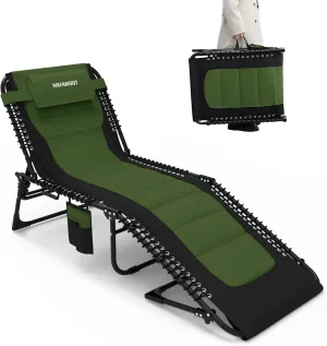 Oversized Padded Outdoor Folding Lounge Chair for Adults 440Ibs Patio Chaise Lounge for Outside Adjustable 5-Position Reclining Beach Chair with Pillow Pocket