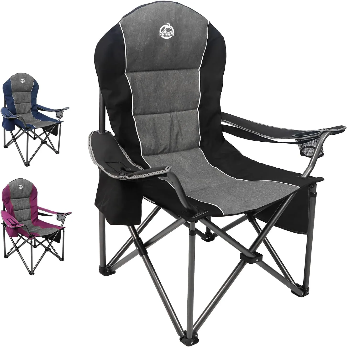 Oversized Portable Camping Chair, Full Padded Outdoor Folding Chair Support 350 LBS, Heavy Duty Lawn Chair with Cup Holder, Cooler Bag, Lumbar Support, Head Pocket for Adult-Black