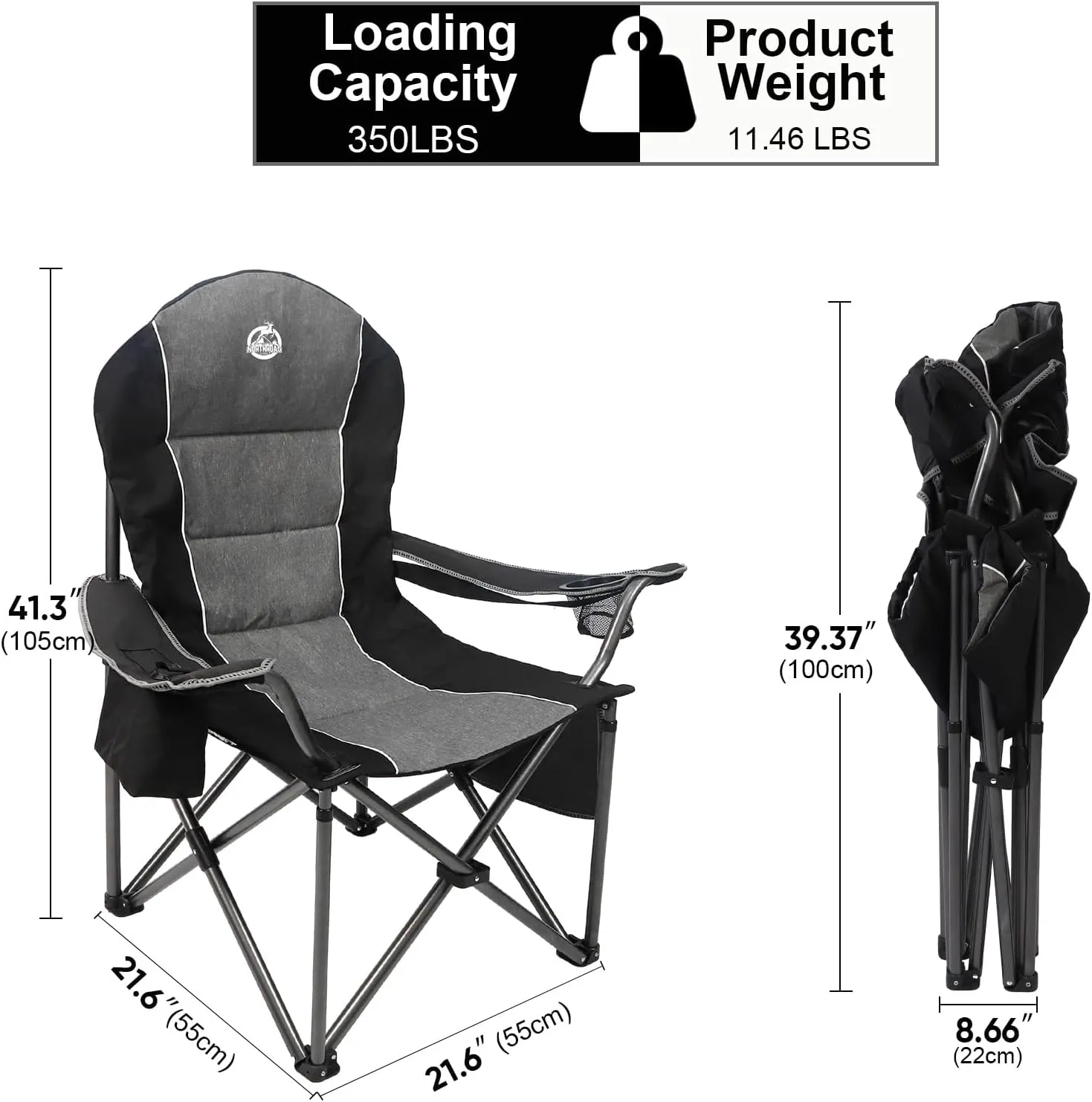 Oversized Portable Camping Chair, Full Padded Outdoor Folding Chair Support 350 LBS, Heavy Duty Lawn Chair with Cup Holder, Cooler Bag, Lumbar Support, Head Pocket for Adult-Black