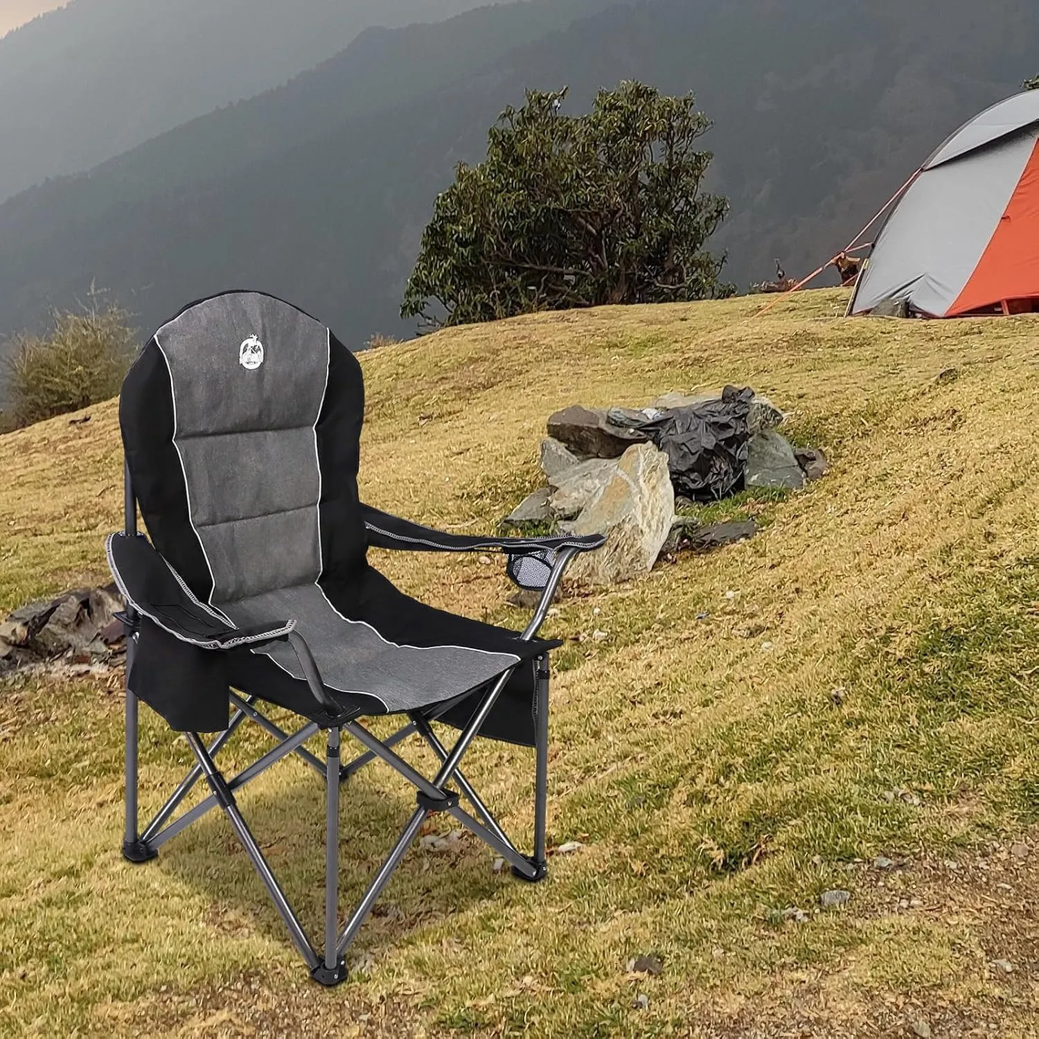 Oversized Portable Camping Chair, Full Padded Outdoor Folding Chair Support 350 LBS, Heavy Duty Lawn Chair with Cup Holder, Cooler Bag, Lumbar Support, Head Pocket for Adult-Black