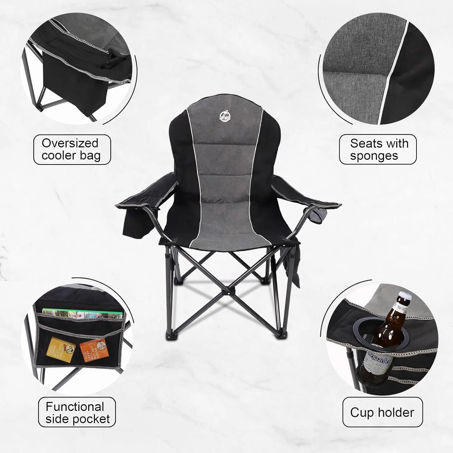 Oversized Portable Camping Chair, Full Padded Outdoor Folding Chair Support 350 LBS, Heavy Duty Lawn Chair with Cup Holder, Cooler Bag, Lumbar Support, Head Pocket for Adult-Black