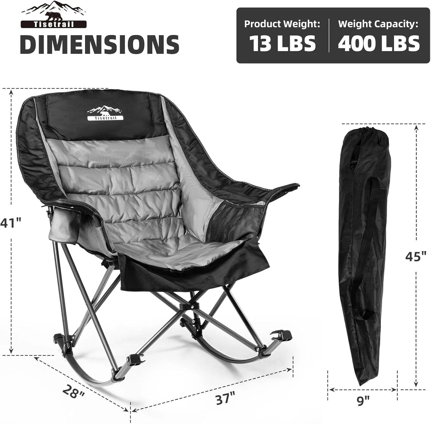 Oversized Rocking Camping Chairs with Side Pocket & Cup Holder - Set of 2 Heavy-Duty 400lbs Padded Outdoor Chairs (Black & Gray)