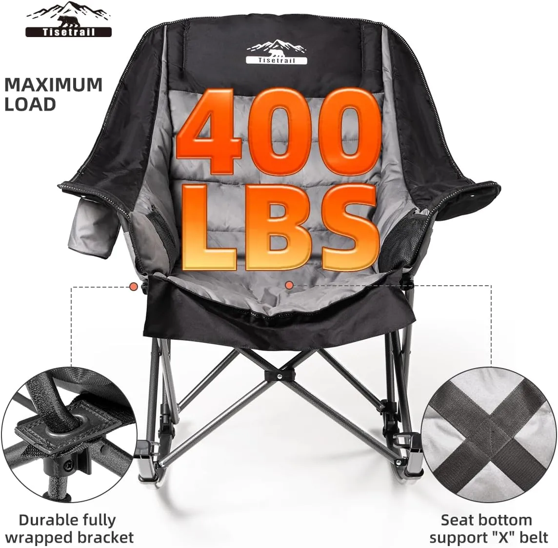 Oversized Rocking Camping Chairs with Side Pocket & Cup Holder - Set of 2 Heavy-Duty 400lbs Padded Outdoor Chairs (Black & Gray)