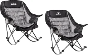 Oversized Rocking Camping Chairs with Side Pocket & Cup Holder - Set of 2 Heavy-Duty 400lbs Padded Outdoor Chairs (Black & Gray)