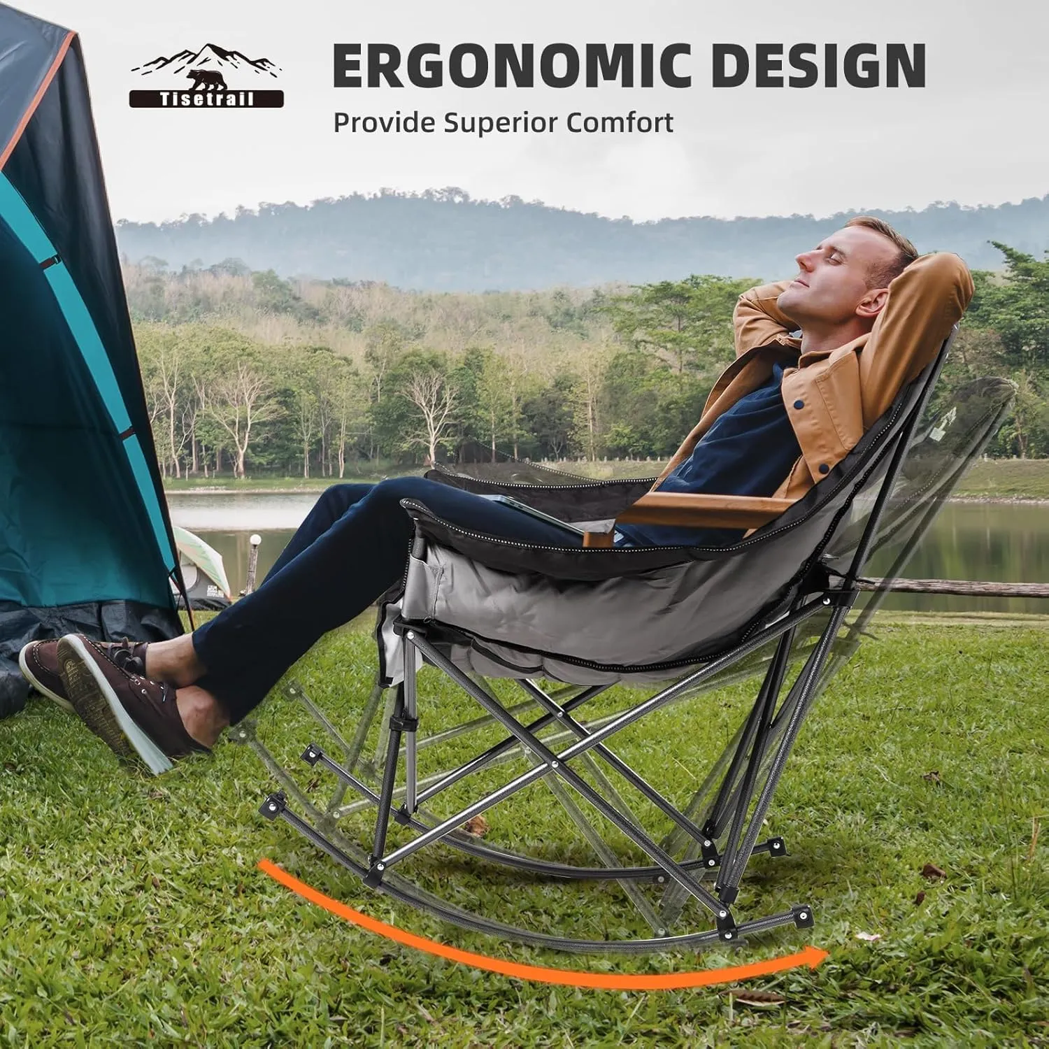 Oversized Rocking Camping Chairs with Side Pocket & Cup Holder - Set of 2 Heavy-Duty 400lbs Padded Outdoor Chairs (Black & Gray)