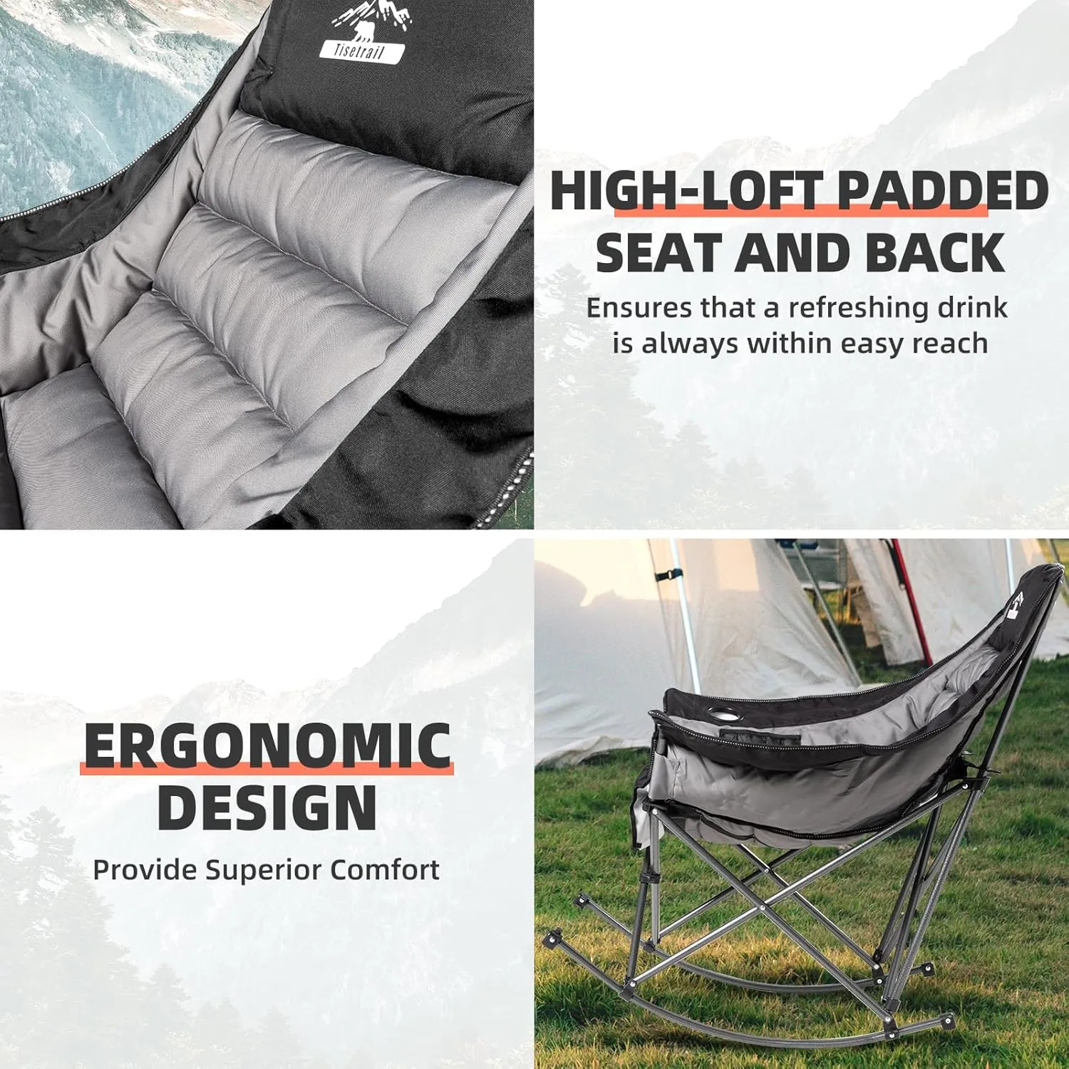 Oversized Rocking Camping Chairs with Side Pocket & Cup Holder - Set of 2 Heavy-Duty 400lbs Padded Outdoor Chairs (Black & Gray)