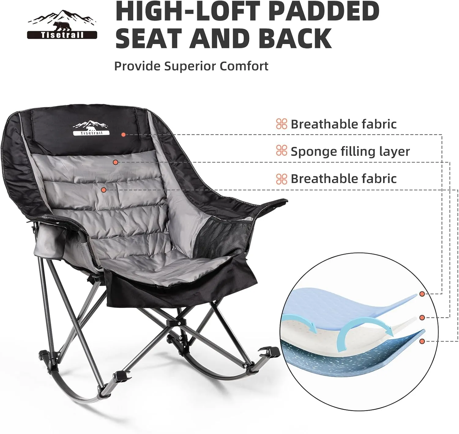 Oversized Rocking Camping Chairs with Side Pocket & Cup Holder - Set of 2 Heavy-Duty 400lbs Padded Outdoor Chairs (Black & Gray)