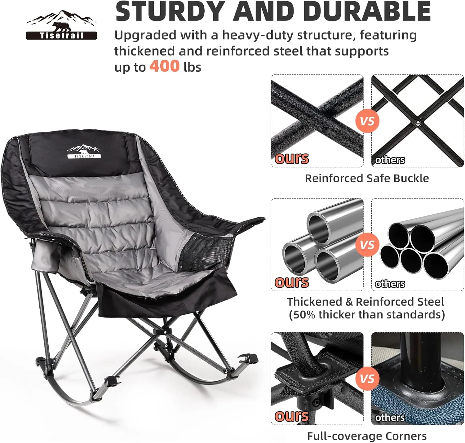 Oversized Rocking Camping Chairs with Side Pocket & Cup Holder - Set of 2 Heavy-Duty 400lbs Padded Outdoor Chairs (Black & Gray)
