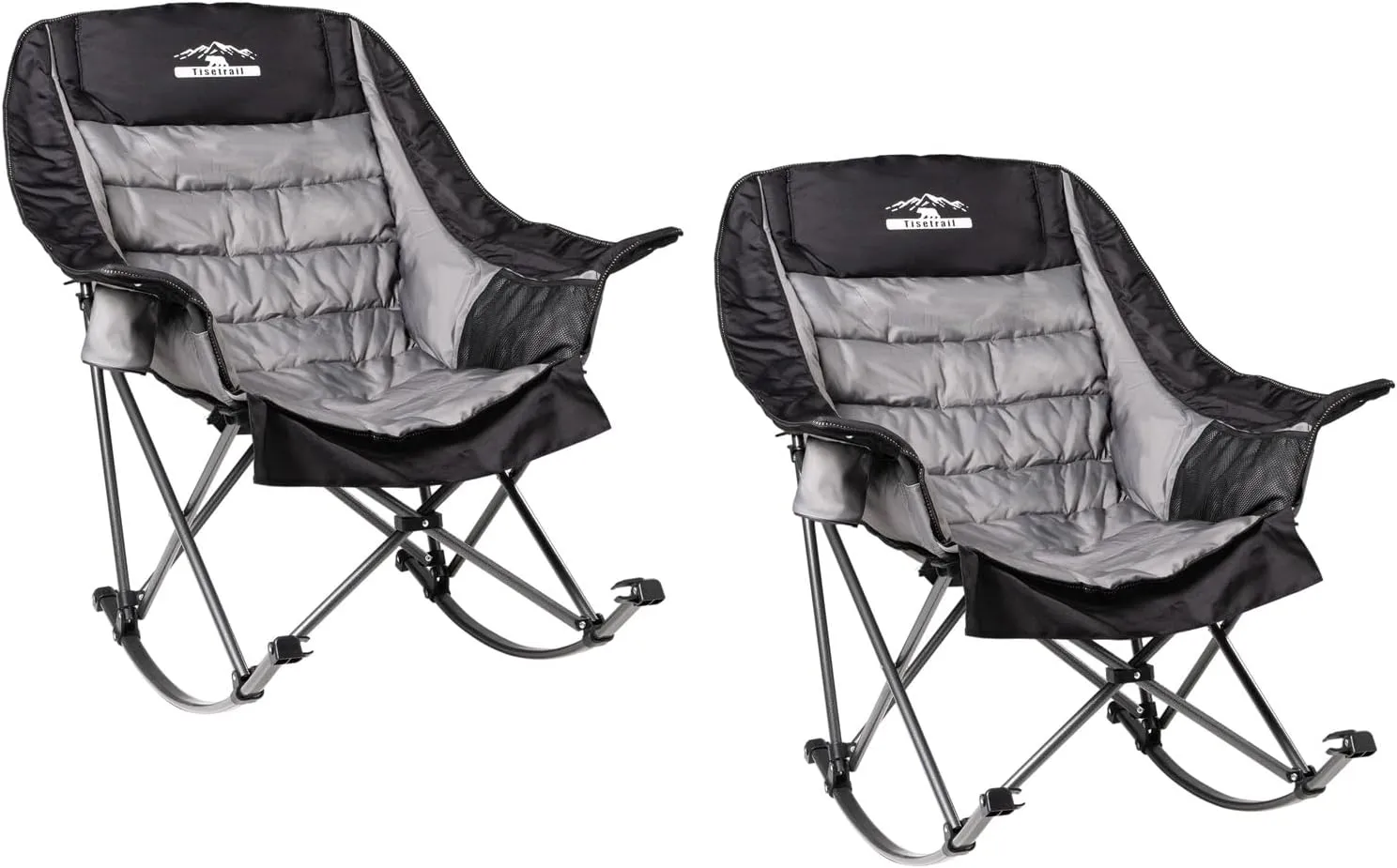 Oversized Rocking Camping Chairs with Side Pocket & Cup Holder - Set of 2 Heavy-Duty 400lbs Padded Outdoor Chairs (Black & Gray)