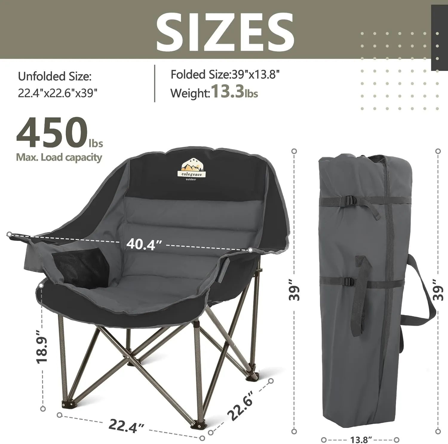 Oversized XL Padded Camping Chair Set of 2 Wide Heavy Duty Lawn Chairs Support 450 LBS Portable Folding Gaint Camp Chair for Outdoor Outside Sports Baseball Soccer-Black and Grey
