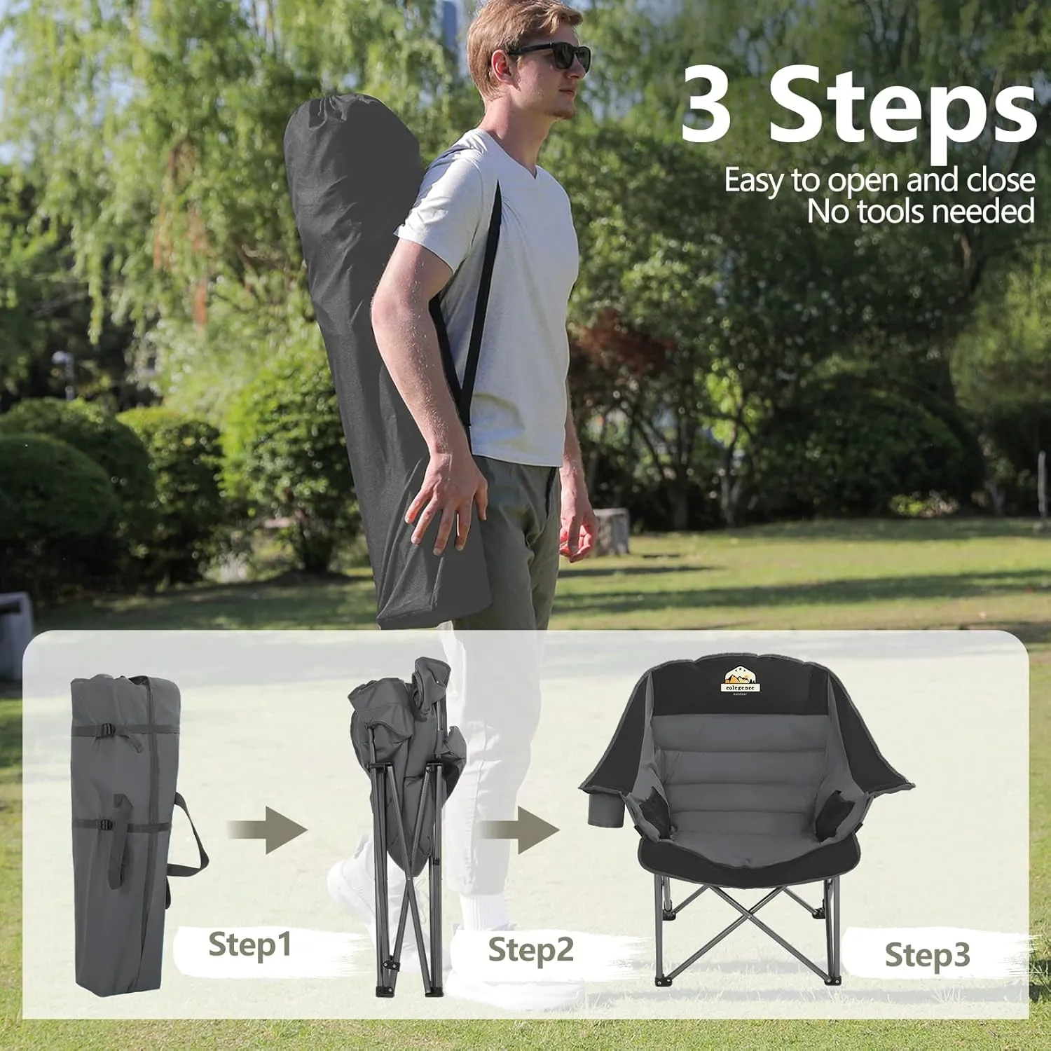 Oversized XL Padded Camping Chair Set of 2 Wide Heavy Duty Lawn Chairs Support 450 LBS Portable Folding Gaint Camp Chair for Outdoor Outside Sports Baseball Soccer-Black and Grey