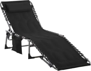 Padded Folding Chaise Lounge Chair, Outdoor 6-Level Reclining Camping Tanning Chair with Headrest for Beach, Yard, Patio, Pool, Black