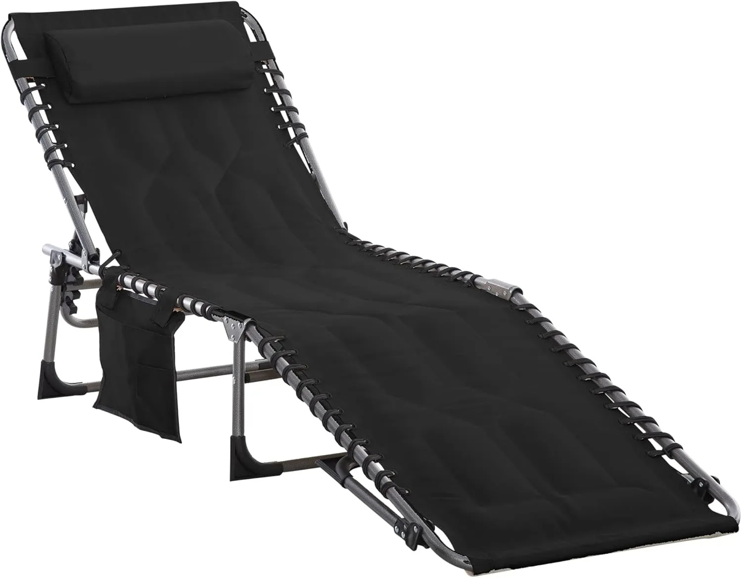 Padded Folding Chaise Lounge Chair, Outdoor 6 Level Reclining Camping Tanning Chair with Headrest for Beach, Yard, Patio, Pool, Black