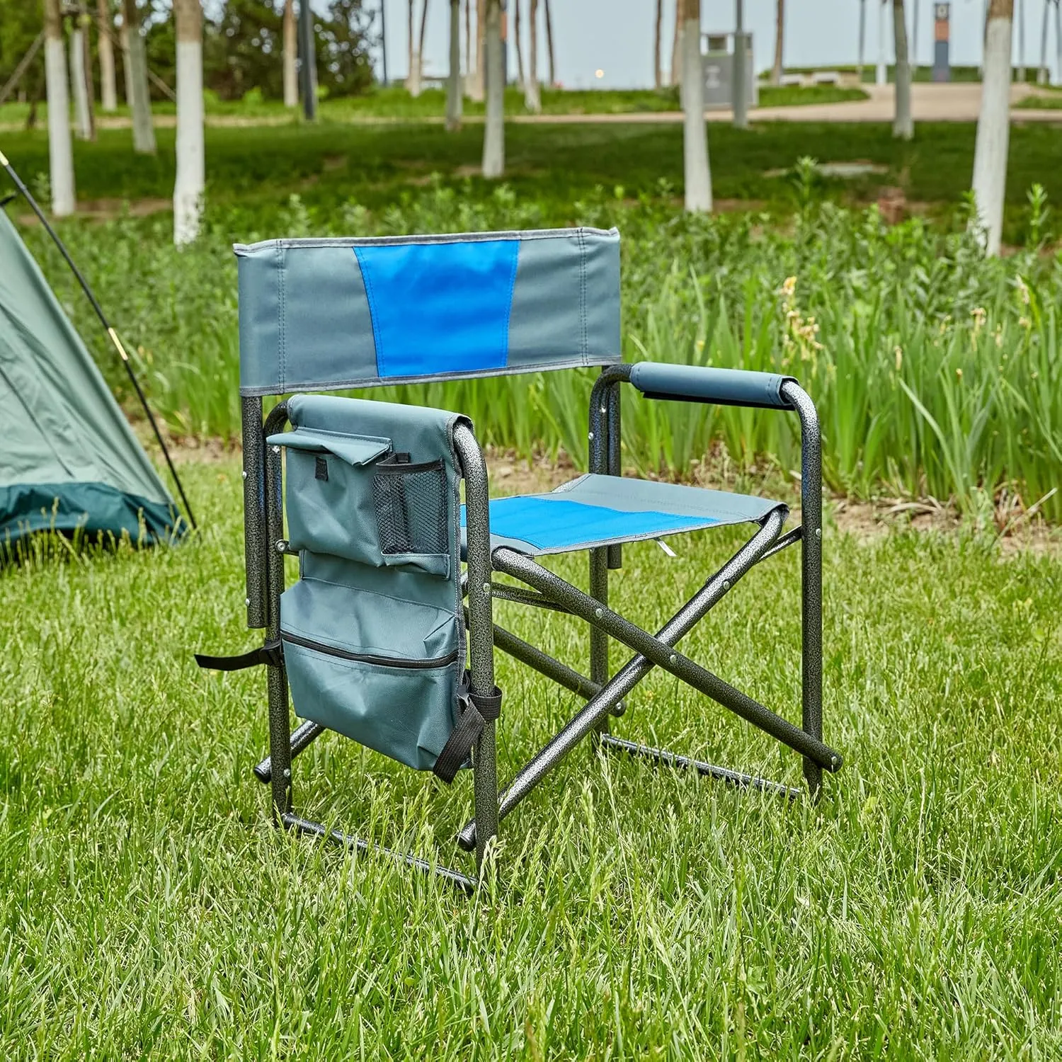 Padded Folding Outdoor Chair with Storage Pockets,Lightweight Oversized Directors Chair for Indoor, Outdoor Camping, Picnics and Fishing,Blue/Grey (1)