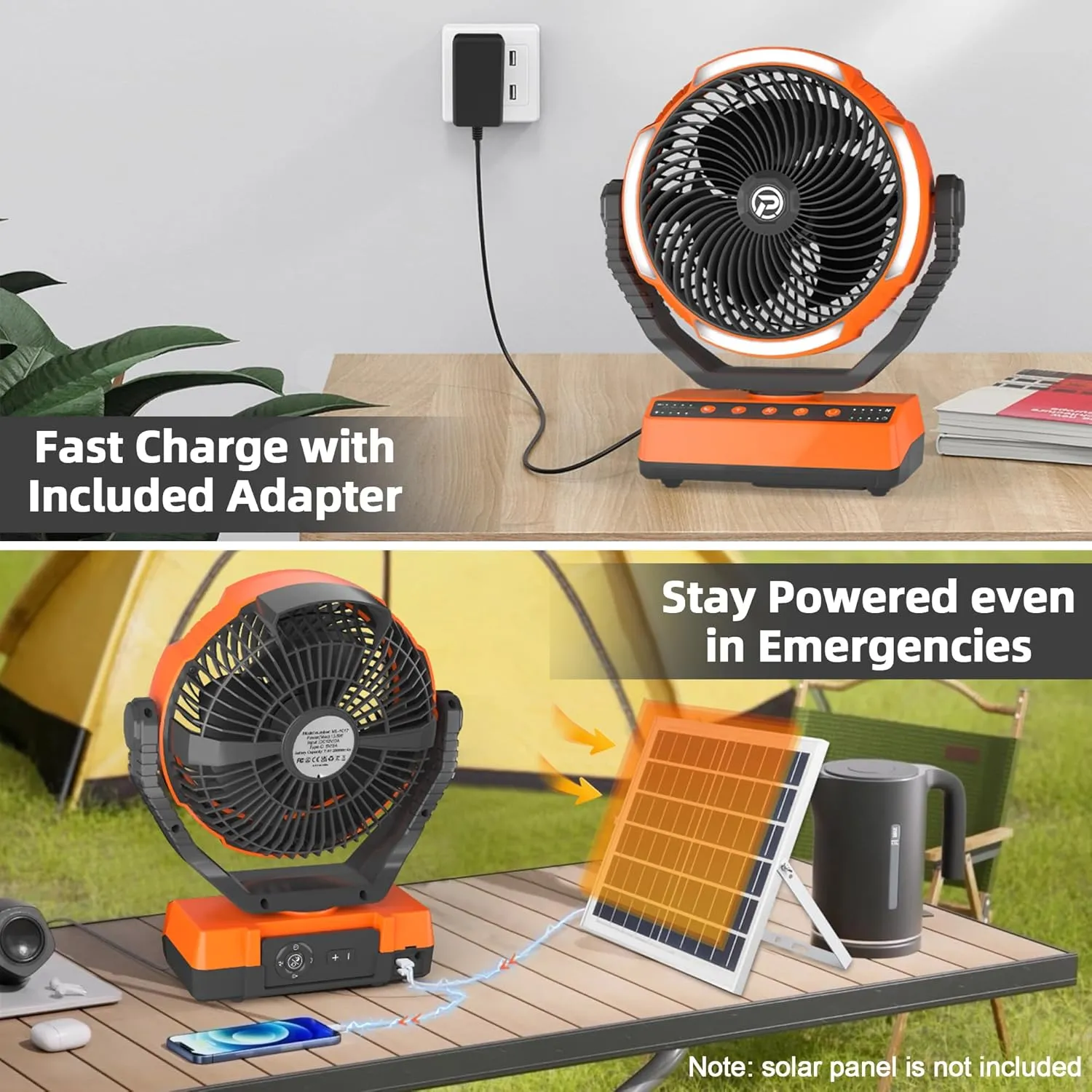 PANERGY Camping Fan with Light - 20000mAh Rechargeable Battery Fan with Charger, 70Hrs Cooling Time, 4 Speeds, 110° Auto Oscillation & 270° Pivot Design with Hook for Camping/Power Outage/Hurricane
