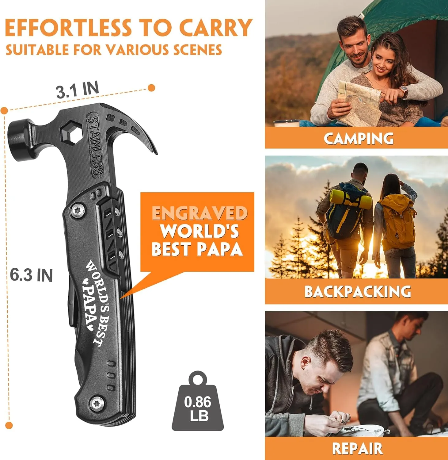 Papa Gifts - Christmas Practical Gifts for Papa, Best Papa Gifts - "WORLD'S BEST PAPA" 15 in 1 Multitool Hammer - Papa Gifts from Grandchildren - Fathers Day Birthday Gift Ideas for Papa