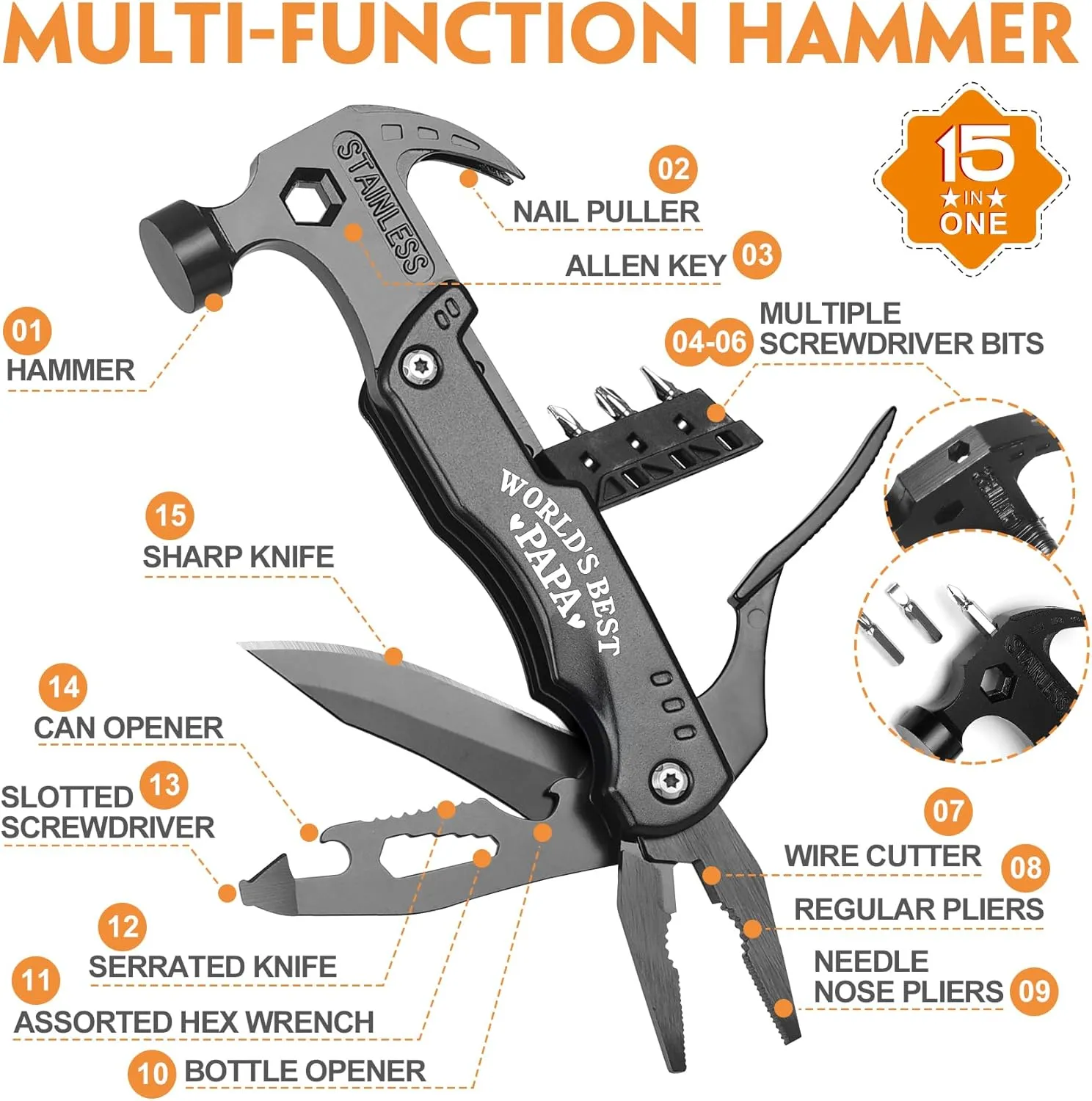 Papa Gifts - Christmas Practical Gifts for Papa, Best Papa Gifts - "WORLD'S BEST PAPA" 15 in 1 Multitool Hammer - Papa Gifts from Grandchildren - Fathers Day Birthday Gift Ideas for Papa
