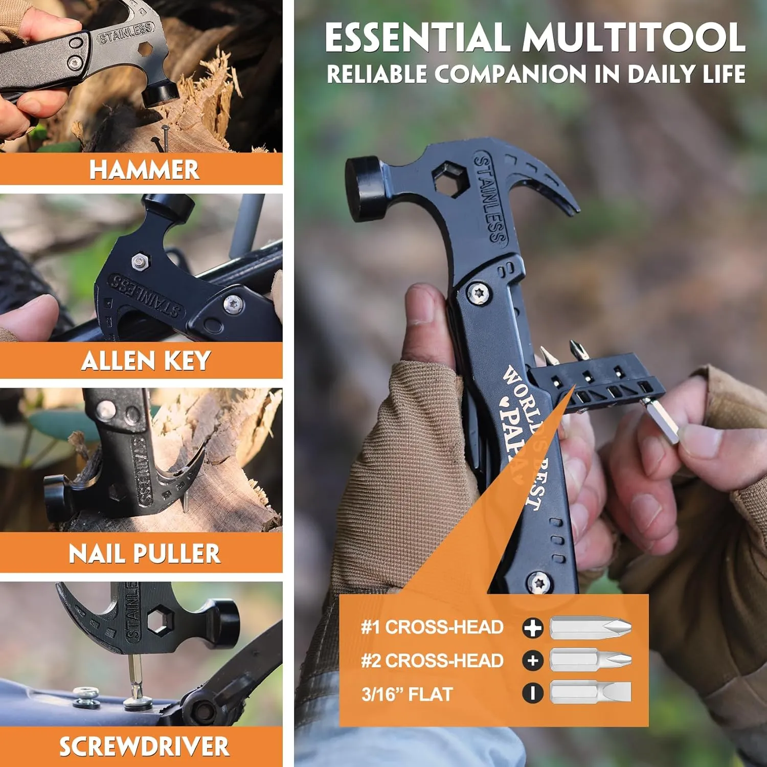 Papa Gifts - Christmas Practical Gifts for Papa, Best Papa Gifts - "WORLD'S BEST PAPA" 15 in 1 Multitool Hammer - Papa Gifts from Grandchildren - Fathers Day Birthday Gift Ideas for Papa