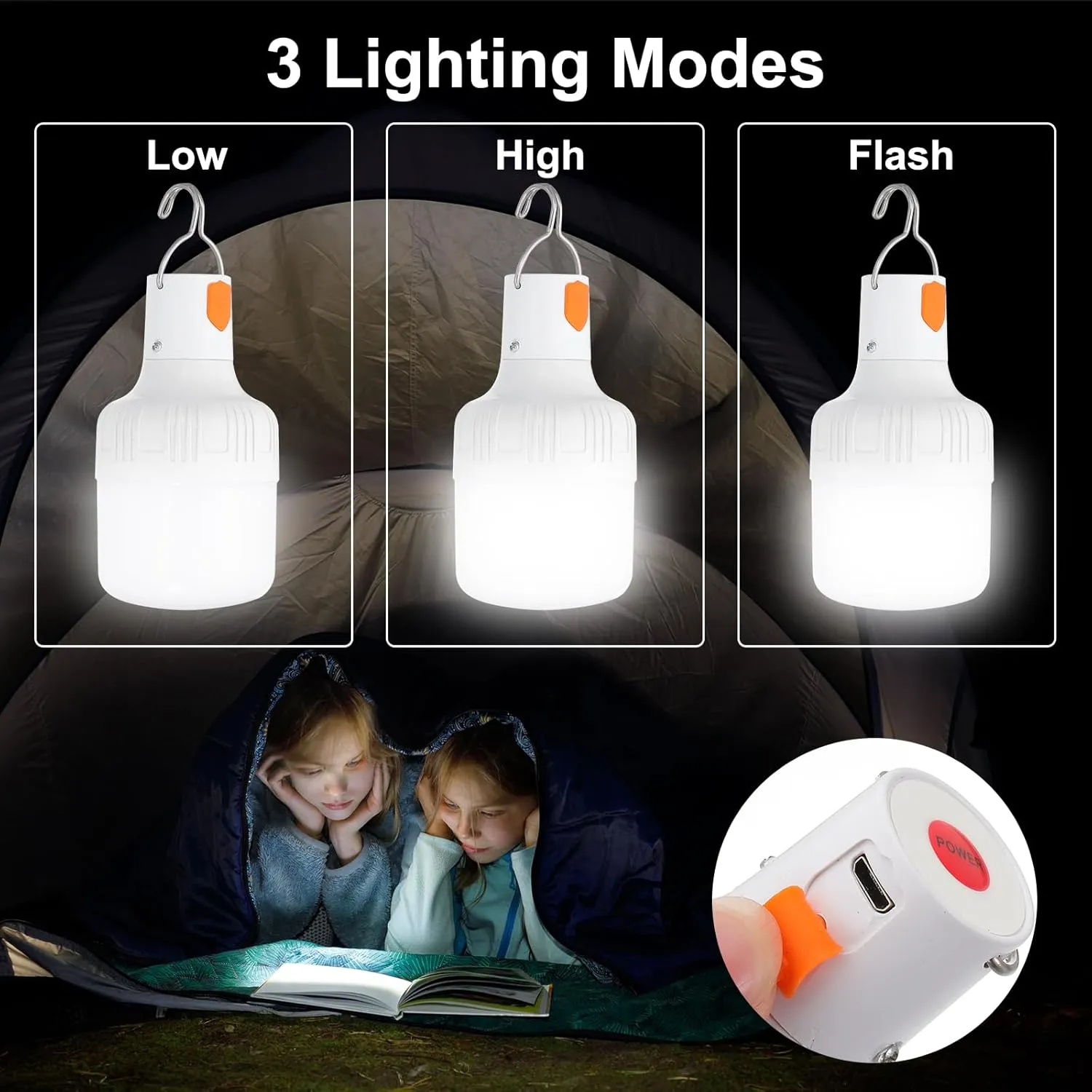 PATIKIL Camping Lantern, 4 Pack Rechargeable LED Tent Lamp Lights Bulb Portable Hanging 3 Lighting Modes 60W Clip Hook for Camping, Hiking, Fishing, White