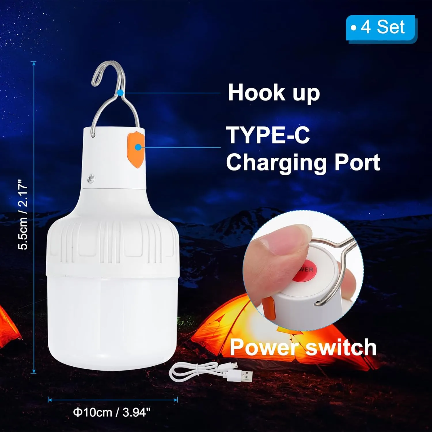 PATIKIL Camping Lantern, 4 Pack Rechargeable LED Tent Lamp Lights Bulb Portable Hanging 3 Lighting Modes 60W Clip Hook for Camping, Hiking, Fishing, White