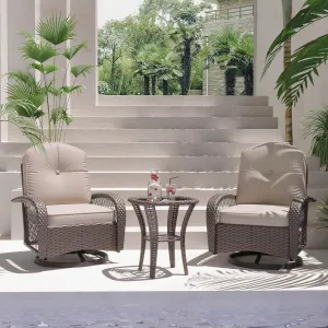 Patio Furniture Set,3 Pieces Outdoor Rocking Chair Set, Patio Wicker Chairs Set of 2,Patio Bistro Set with Premium Cushions and Coffee Table, Khaki