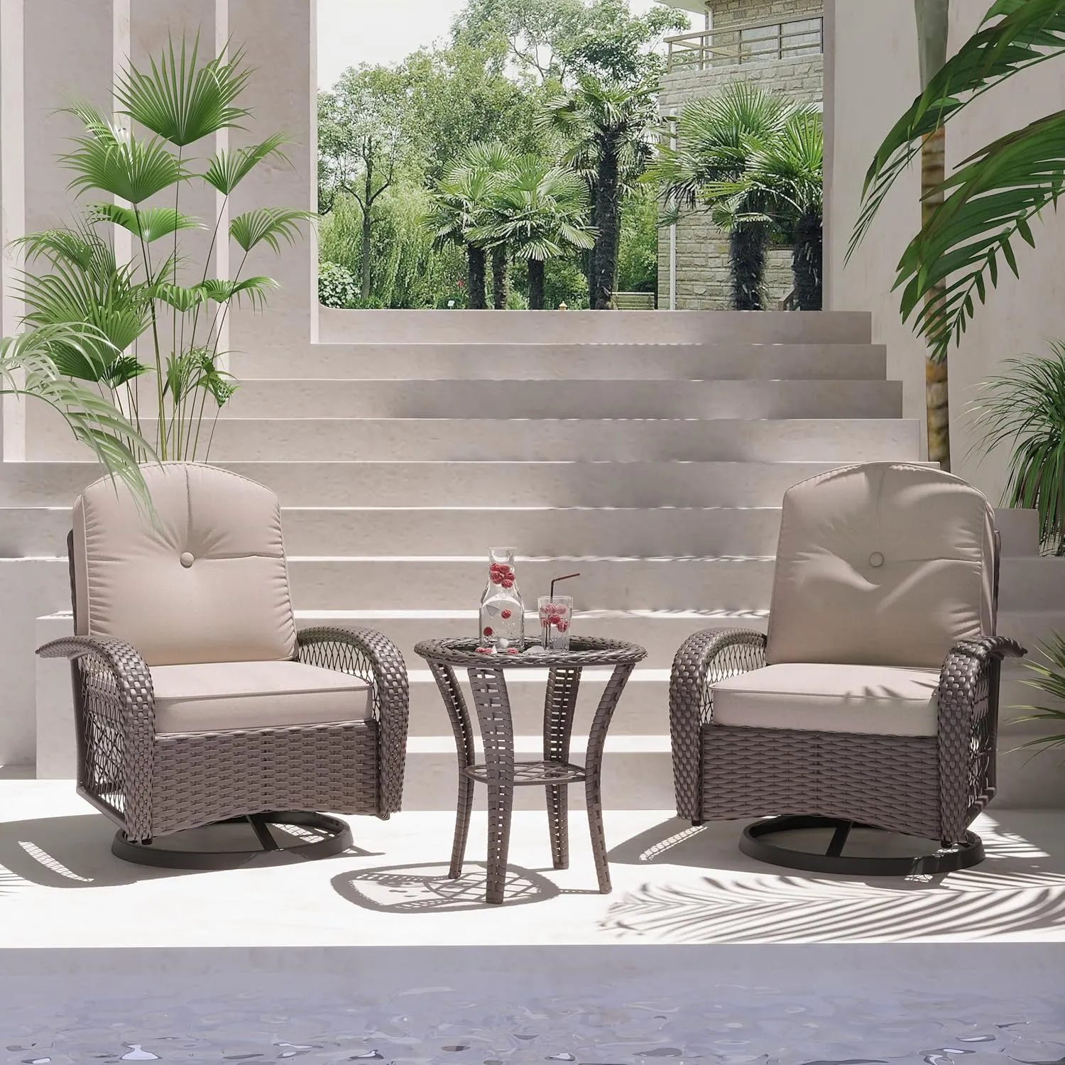 Patio Furniture Set,3 Pieces Outdoor Rocking Chair Set, Patio Wicker Chairs Set of 2,Patio Bistro Set with Premium Cushions and Coffee Table, Khaki