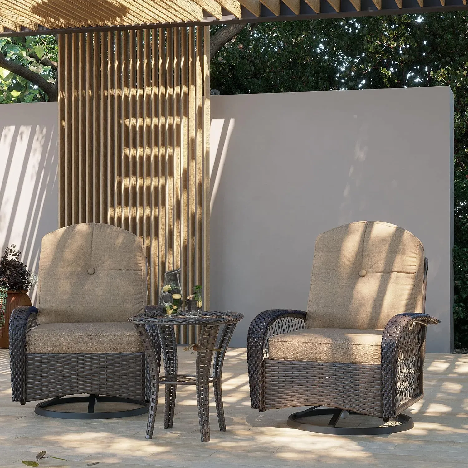 Patio Furniture Set,3 Pieces Outdoor Rocking Chair Set, Patio Wicker Chairs Set of 2,Patio Bistro Set with Premium Cushions and Coffee Table, Khaki