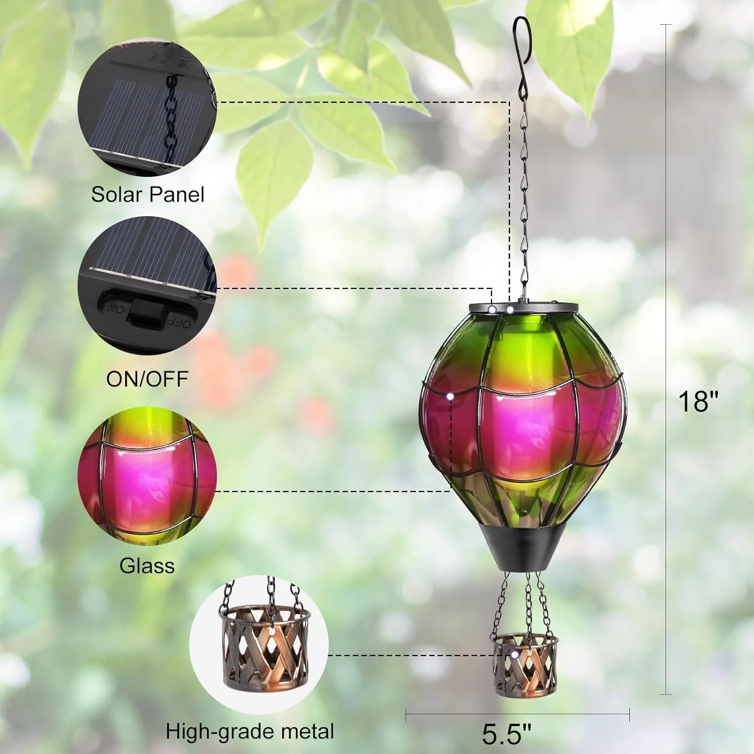 pearlstar Hot Air Balloon Solar Lantern with Flickering Flame Light Outdoor Solar Hanging Lights Waterproof for Garden Yard Farmhouse Patio Pathway Outside Decoration,Glass(Purple&Cyan)