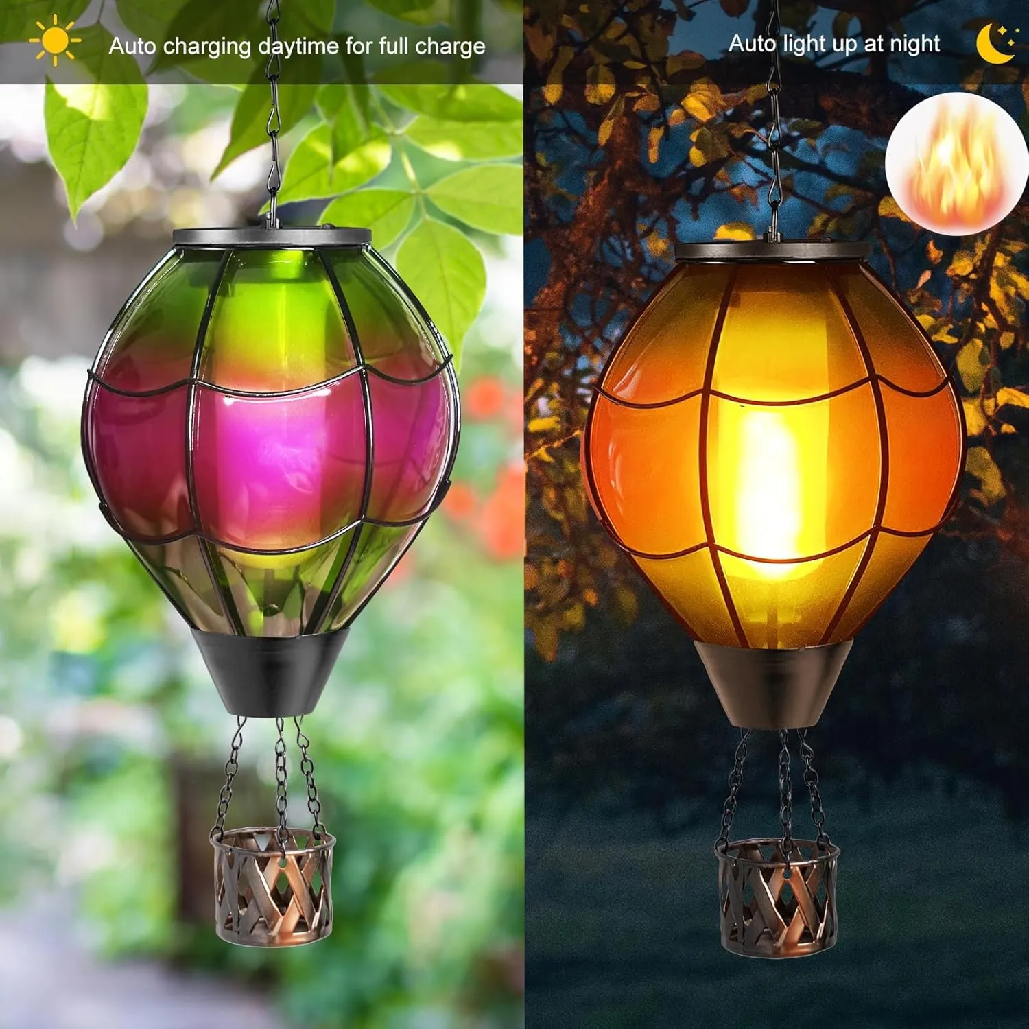 pearlstar Hot Air Balloon Solar Lantern with Flickering Flame Light Outdoor Solar Hanging Lights Waterproof for Garden Yard Farmhouse Patio Pathway Outside Decoration,Glass(Purple&Cyan)