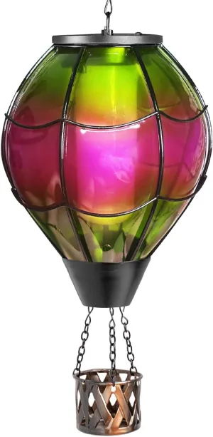 pearlstar Hot Air Balloon Solar Lantern with Flickering Flame Light Outdoor Solar Hanging Lights Waterproof for Garden Yard Farmhouse Patio Pathway Outside Decoration,Glass(Purple&Cyan)