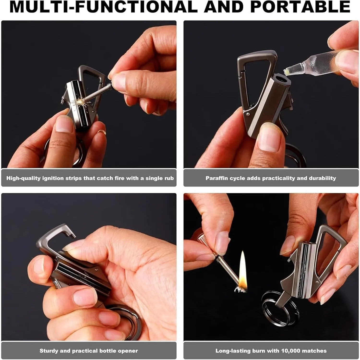 Permanent Match Infinity Lighter, Keychain Lighter, with Multitool Bottle Opener, Metal Match Kerosene Lighters, Reusable, Strike Anywhere (Black*2)