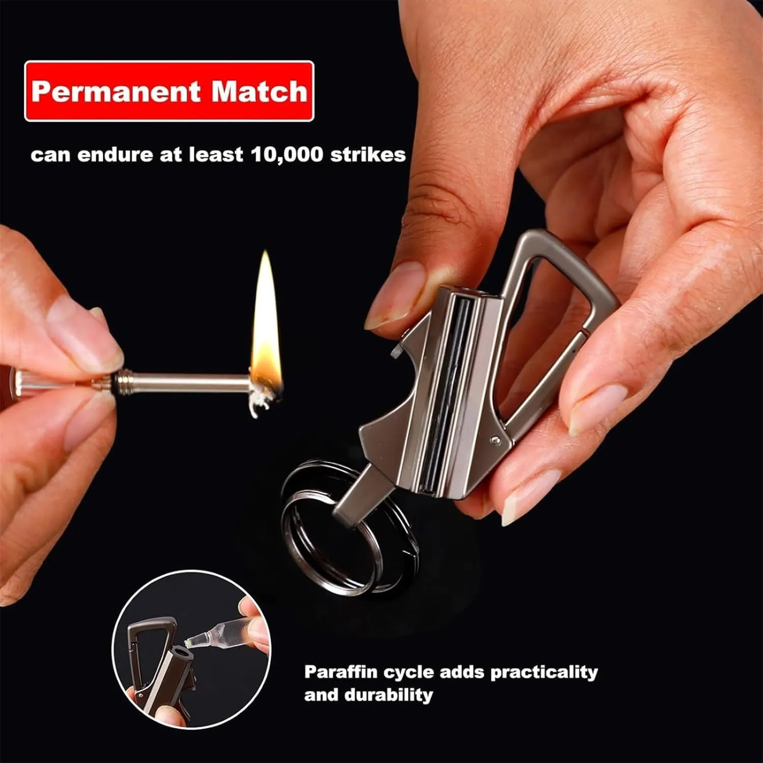 Permanent Match Infinity Lighter, Keychain Lighter, with Multitool Bottle Opener, Metal Match Kerosene Lighters, Reusable, Strike Anywhere (Black*2)