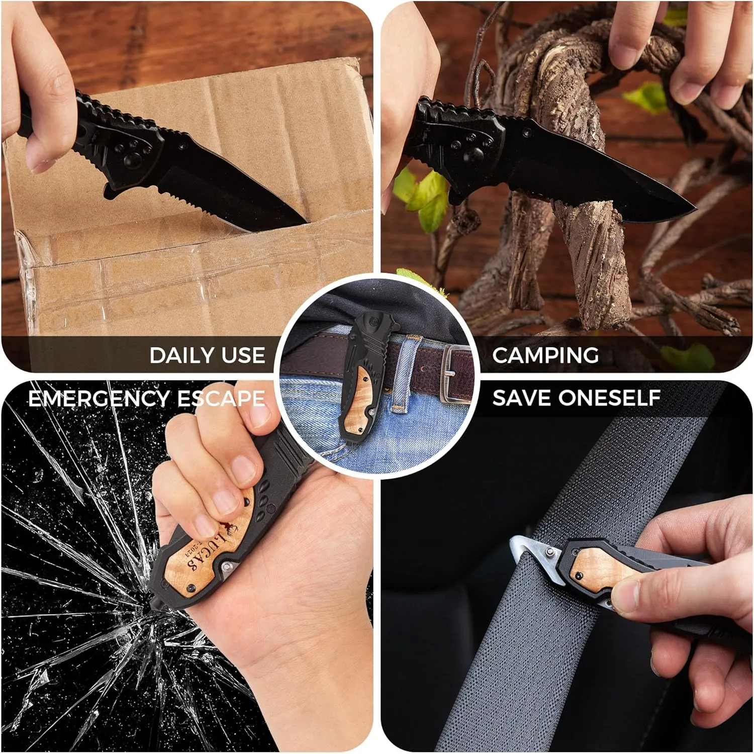 Personalized Engraved Folding Pocket Knife - Best husband Ever Gift with Black Stainless Steel Blade & Wood Handle, Quick Opening Flipper, Multitool Folding Knife for Men