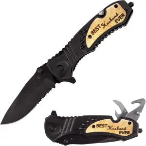 Personalized Engraved Folding Pocket Knife - Best husband Ever Gift with Black Stainless Steel Blade & Wood Handle, Quick Opening Flipper, Multitool Folding Knife for Men