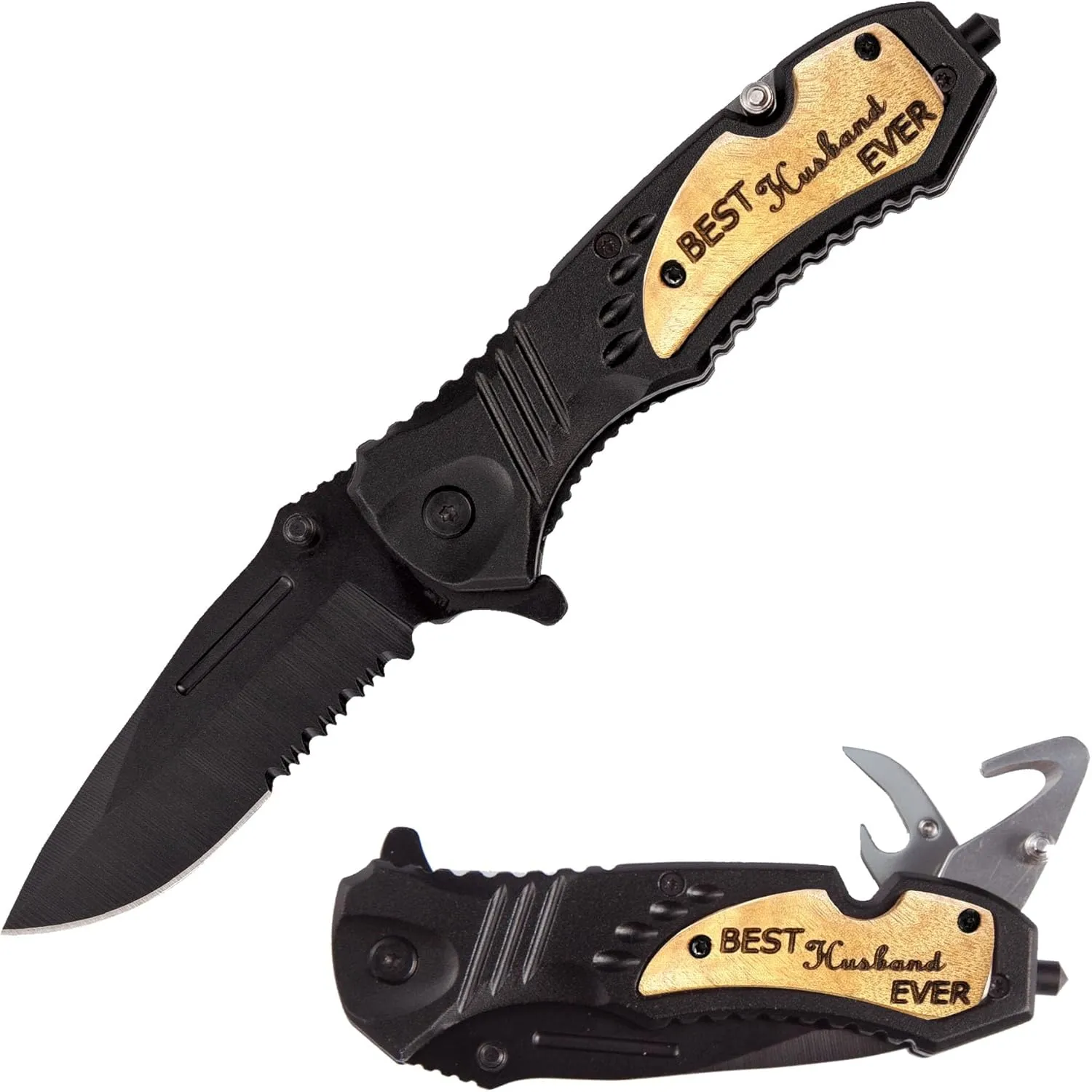 Personalized Engraved Folding Pocket Knife - Best husband Ever Gift with Black Stainless Steel Blade & Wood Handle, Quick Opening Flipper, Multitool Folding Knife for Men