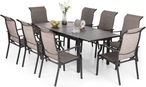 PHI VILLA Outdoor Dining Set for 8, Patio Table and Chairs Set with 8 Padded Deep Seating Armrest Dining Chairs & Full Metal Extendable Table，Outside Furniture Dining Set for Poolside, Lawn, Garden