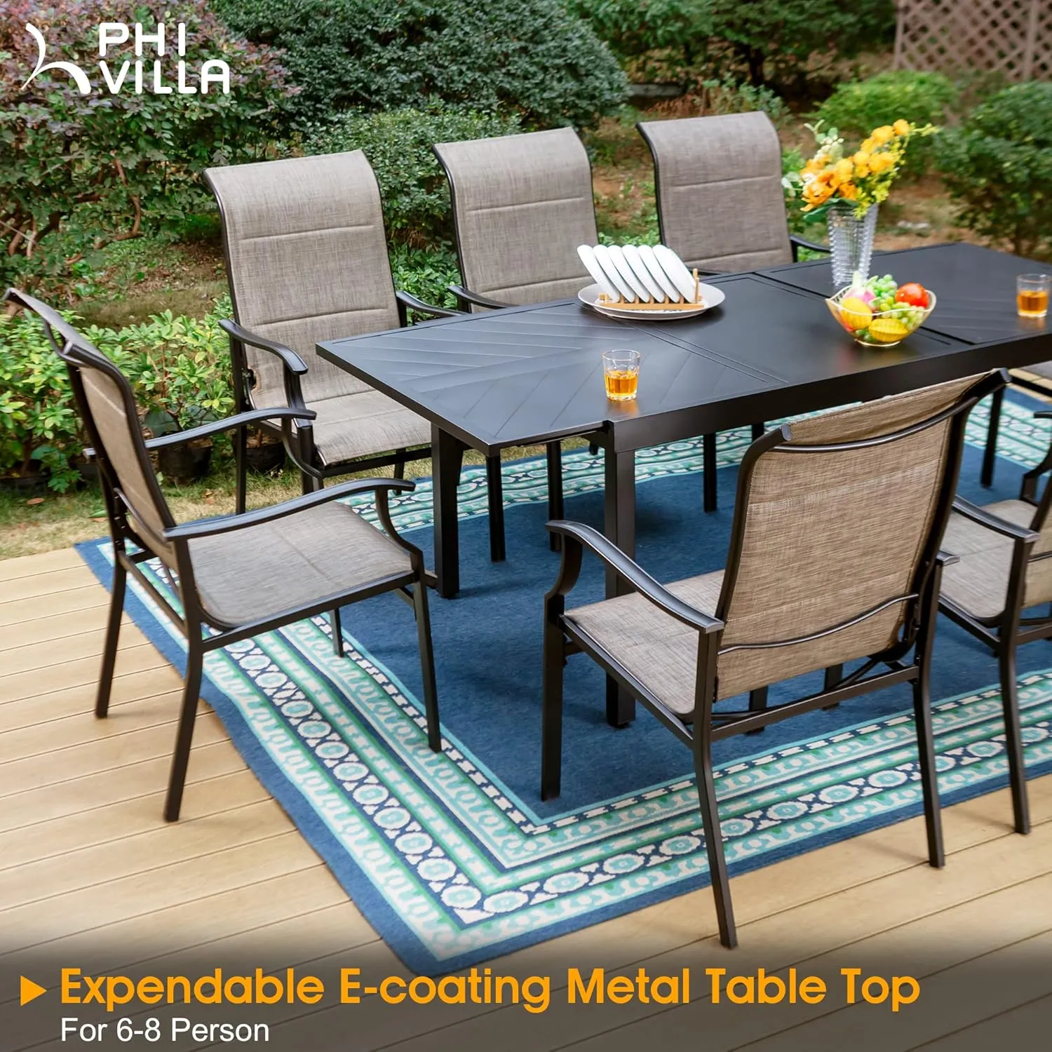 PHI VILLA Outdoor Dining Set for 8, Patio Table and Chairs Set with 8 Padded Deep Seating Armrest Dining Chairs & Full Metal Extendable Table，Outside Furniture Dining Set for Poolside, Lawn, Garden