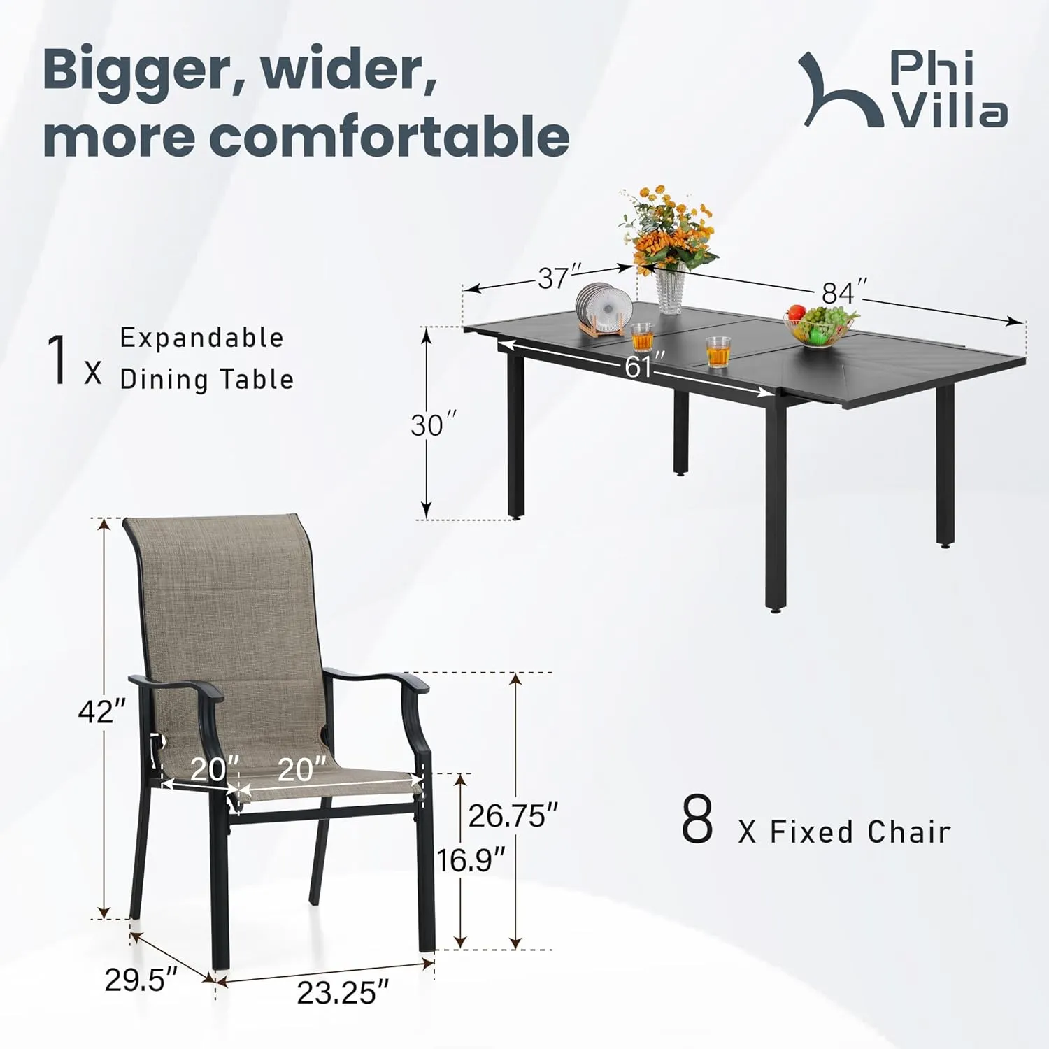 PHI VILLA Outdoor Dining Set for 8, Patio Table and Chairs Set with 8 Padded Deep Seating Armrest Dining Chairs & Full Metal Extendable Table，Outside Furniture Dining Set for Poolside, Lawn, Garden