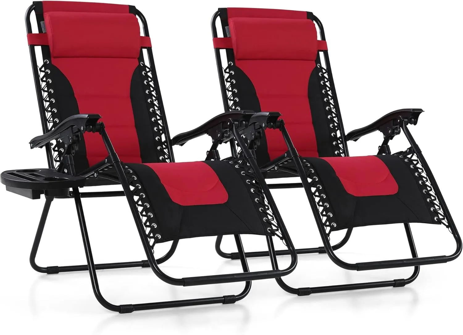 PHI VILLA Outdoor Patio Padded Zero Gravity Chair, Foldable Patio Recliner, 26" Wide Seat Anti Gravity Lounger with Cup Holder, Set of 2, Support 350 LBS (Red)