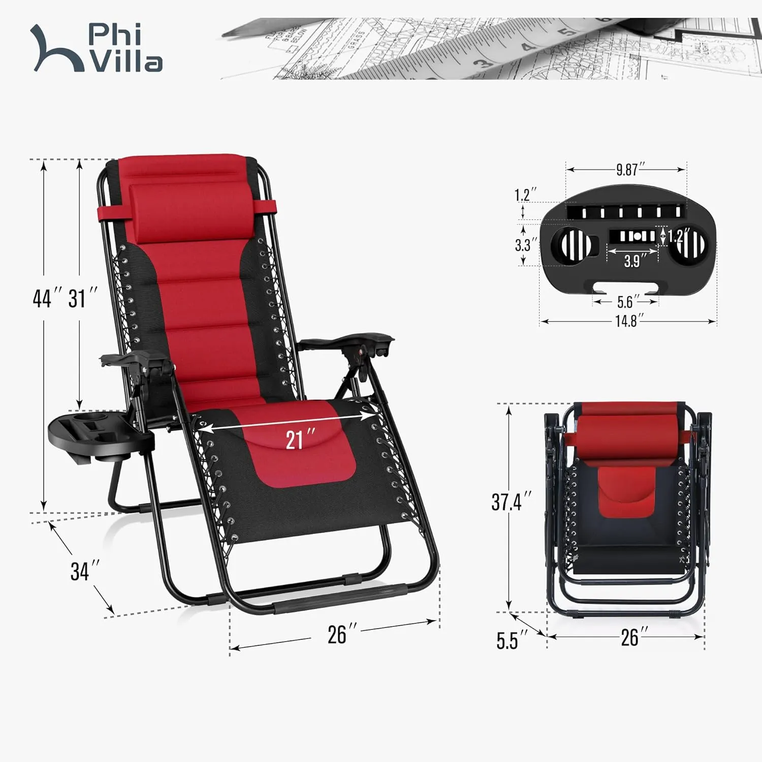 PHI VILLA Outdoor Patio Padded Zero Gravity Chair, Foldable Patio Recliner, 26" Wide Seat Anti Gravity Lounger with Cup Holder, Set of 2, Support 350 LBS (Red)