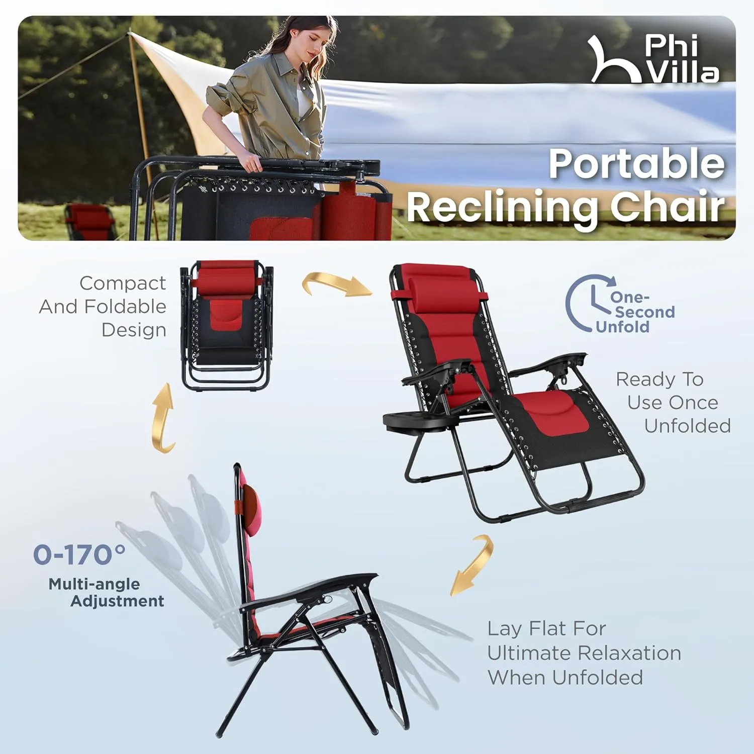 PHI VILLA Outdoor Patio Padded Zero Gravity Chair, Foldable Patio Recliner, 26" Wide Seat Anti Gravity Lounger with Cup Holder, Set of 2, Support 350 LBS (Red)