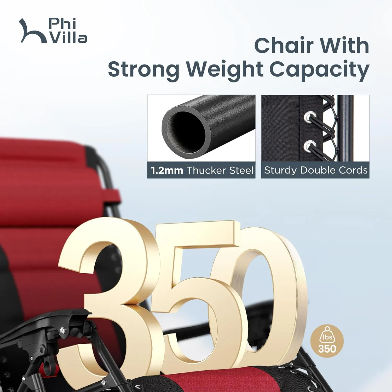 PHI VILLA Outdoor Patio Padded Zero Gravity Chair, Foldable Patio Recliner, 26" Wide Seat Anti Gravity Lounger with Cup Holder, Set of 2, Support 350 LBS (Red)