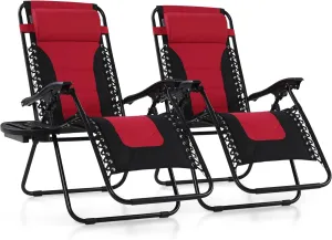 PHI VILLA Outdoor Patio Padded Zero Gravity Chair, Foldable Patio Recliner, 26" Wide Seat Anti Gravity Lounger with Cup Holder, Set of 2, Support 350 LBS (Red)