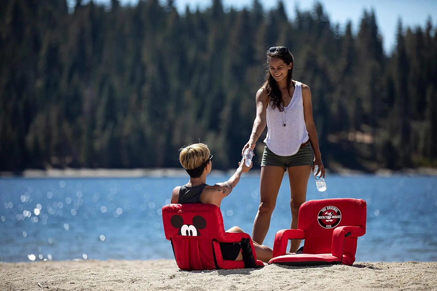 PICNIC TIME Disney Mickey Mouse Ventura Reclining Stadium Seat with Back Support, Bleacher Seat, Beach Floor Chair, (Red), 20 x 2 x 32