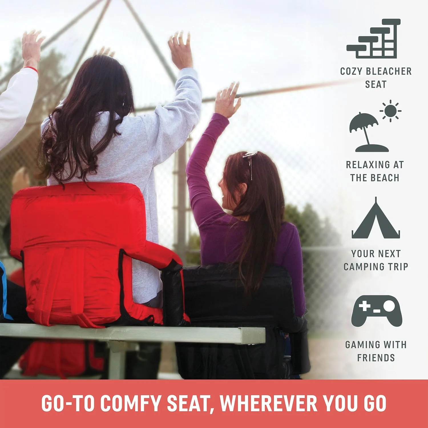 PICNIC TIME ONIVA - a Brand Ventura Reclining Stadium Seat with Back Support - Bleacher Seat - Beach Floor Chair, (Red)