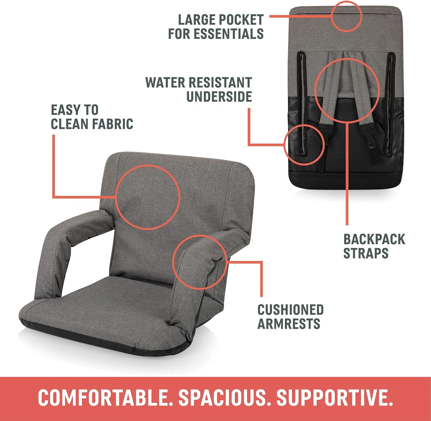 PICNIC TIME ONIVA - a Brand Ventura Reclining Stadium Seat with Back Support - Bleacher Seat - Beach Floor Chair, (Red)