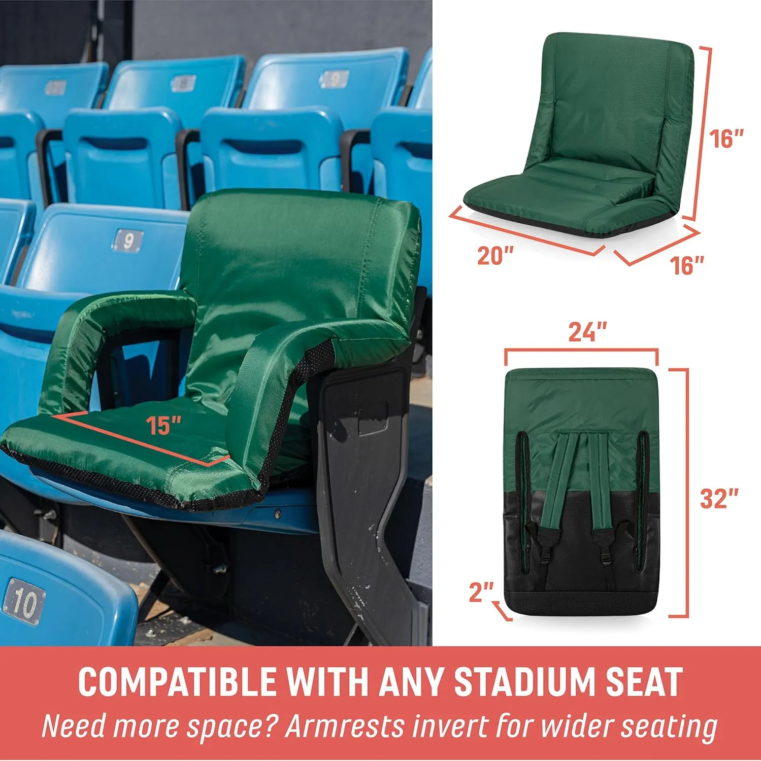 PICNIC TIME ONIVA - a Brand Ventura Reclining Stadium Seat with Back Support - Bleacher Seat - Beach Floor Chair, (Red)