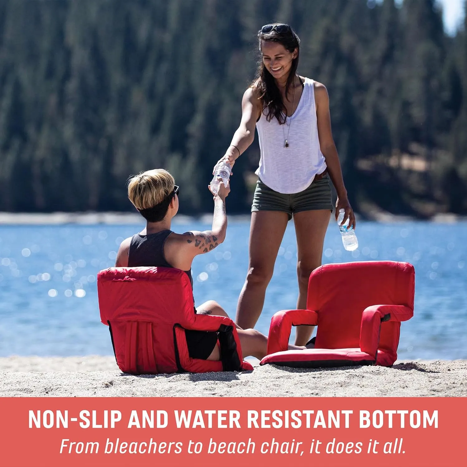 PICNIC TIME ONIVA - a Brand Ventura Reclining Stadium Seat with Back Support - Bleacher Seat - Beach Floor Chair, (Red)