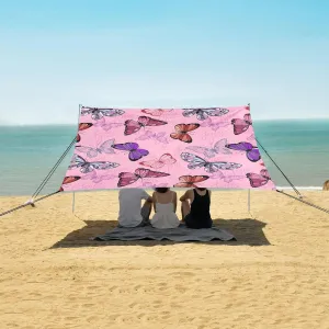 Pink Flying Butterflies Beach Canopy Tent Anti-UV & Wind Resistant, Camping Sun Shelter Easy Setup Portable,Outdoor Shade Tents with Sandbags,Sand Shovels,Ground Pegs & Stability Poles